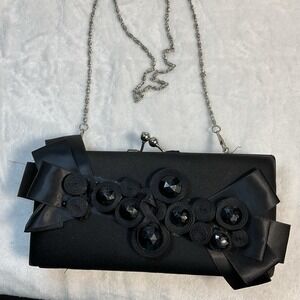 Black Beaded Kisslock Evening‎ Gown Satin Silver Chain Cocktail Purse Bag *see